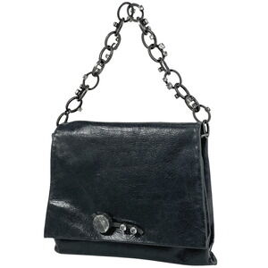 Miu Miu Logo Chain Shoulder Bag Rhinestones Leather Black